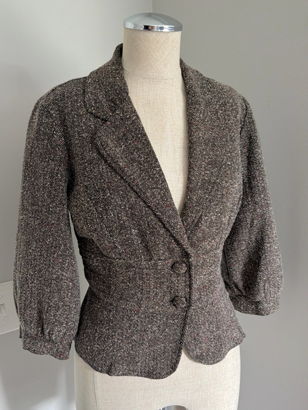 2000s Whish Women’s Tweed Brown Lined Button Blazer Jacket 3/4 Sleeve Short S